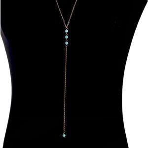 Minimalist Gold Lariat Style Necklace with Turquoise Accent Beads